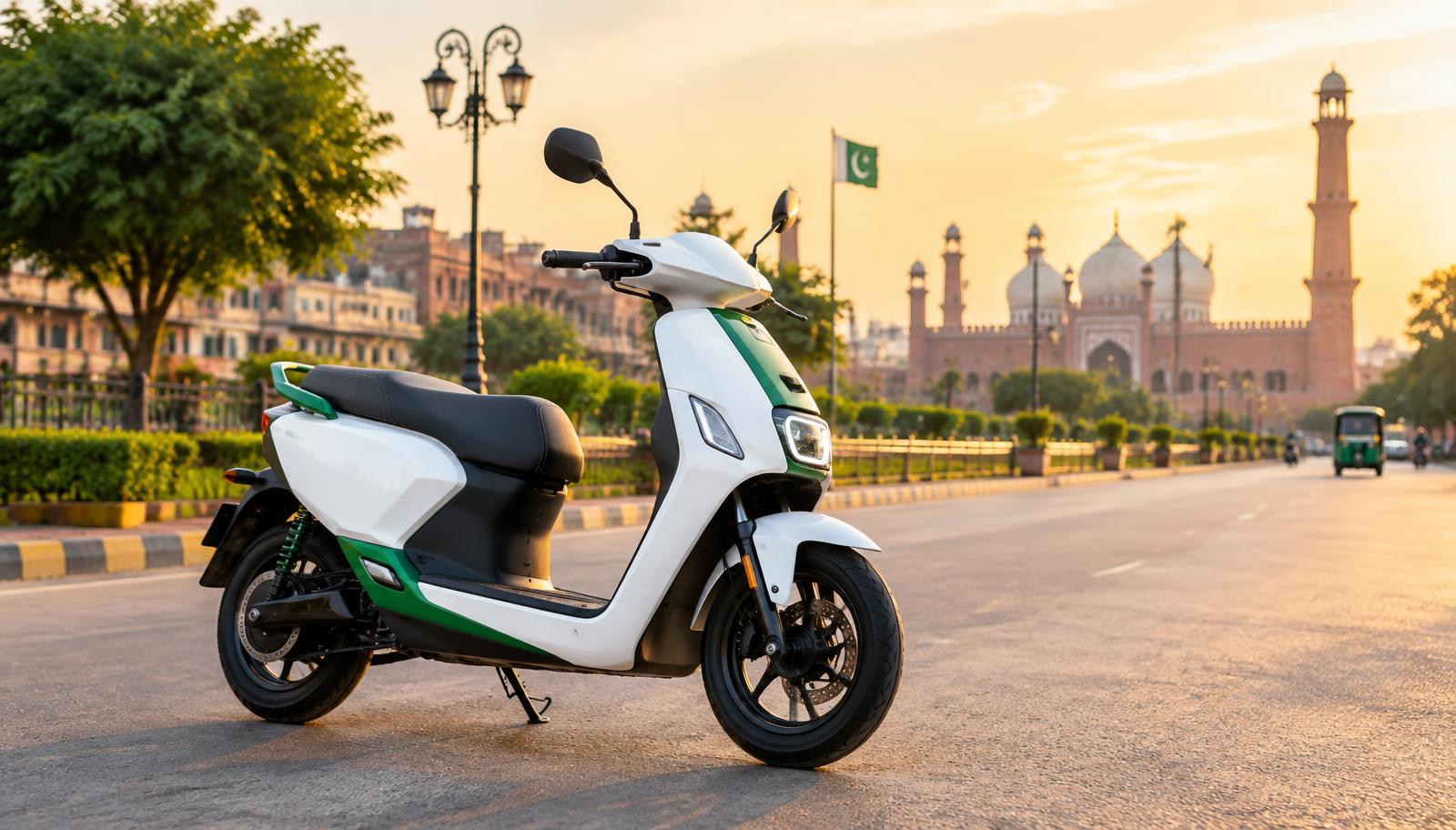 Electric scooter parked on a Pakistani city street